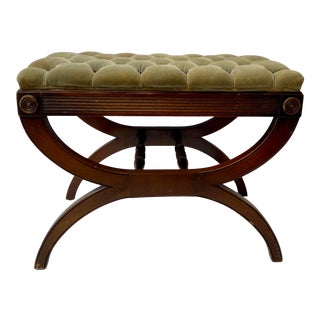 Vintage Mahogany & Tufted Upholstery Crule Bench C.1930s For Sale