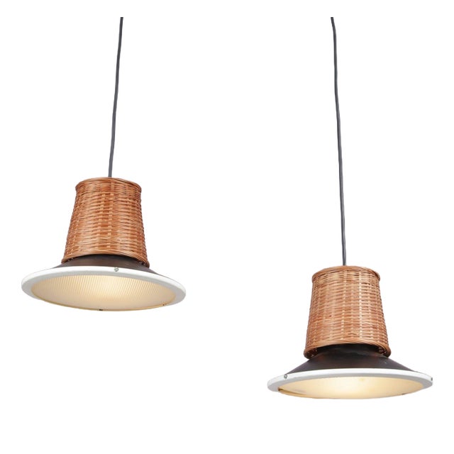 Hanging Lamps in Wicker, Black Metal, and Glass, 1950s, Set of 2 For Sale