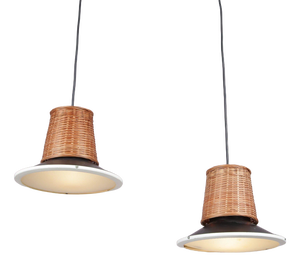 Hanging Lamps in Wicker, Black Metal, and Glass, 1950s, Set of 2