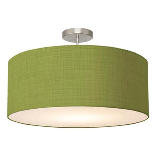 Stretch Semi Flush Mount, Avocado Linen Shade, Satin Nickel For Sale