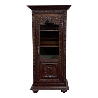 Antique French Breton Bookcase Armoire Linen Cab Wavy Glass Carved Chestnut 19th For Sale