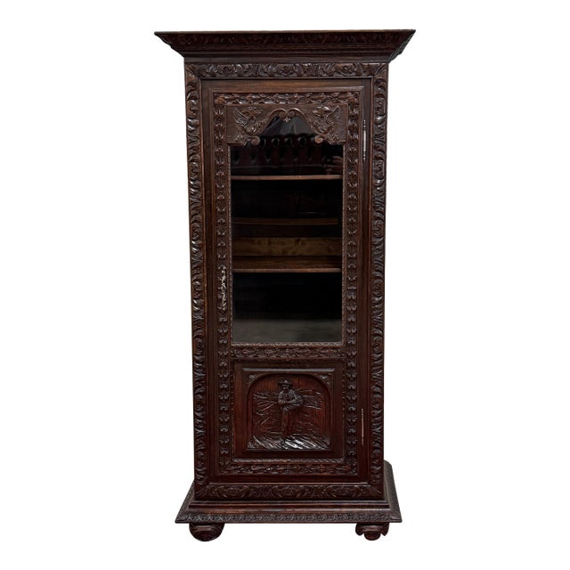 Antique French Breton Bookcase Armoire Linen Cab Wavy Glass Carved Chestnut 19th For Sale