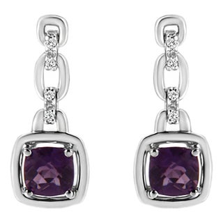 .925 Sterling Silver 6x6MM Cushion Shaped Natural Purple Amethyst and Diamond Accent Drop and Dangle Earrings (I-J Color, I1-I2 Clarity) For Sale