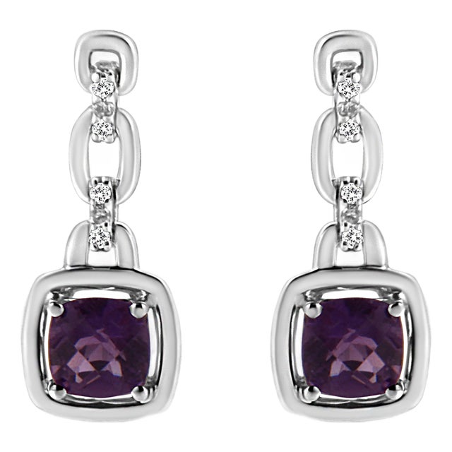 .925 Sterling Silver 6x6MM Cushion Shaped Natural Purple Amethyst and Diamond Accent Drop and Dangle Earrings (I-J Color, I1-I2 Clarity) For Sale