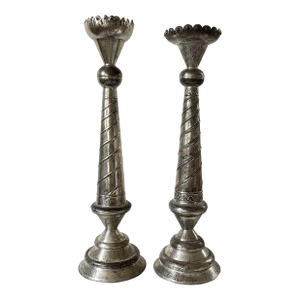 Vintage Hojalata Punched Tin Large Altar Candlestick Holders -a Pair