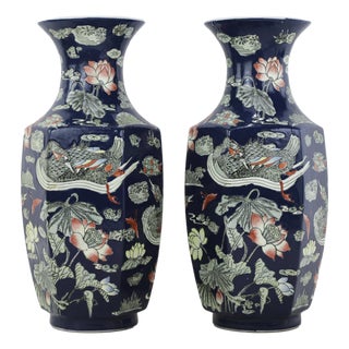 Pair of Chinese Mid-20th Century Famille Rose Cobalt Blue Hexagonal Vases For Sale