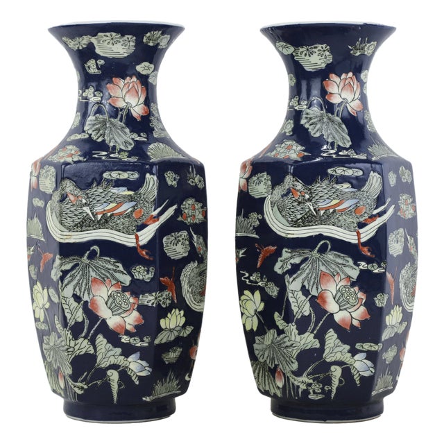 Pair of Chinese Mid-20th Century Famille Rose Cobalt Blue Hexagonal Vases For Sale
