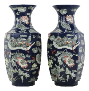 Pair of Chinese Mid-20th Century Famille Rose Cobalt Blue Hexagonal Vases