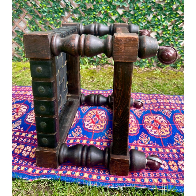 Brown Vintage Spanish Revival Woven Leather Strap Rolling Footstool For Sale - Image 8 of 13