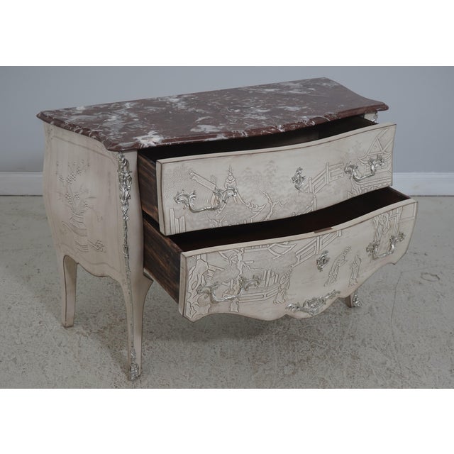 Chinoiserie French Style Chinoiserie Carved Marble Top Commode Chest For Sale - Image 3 of 18