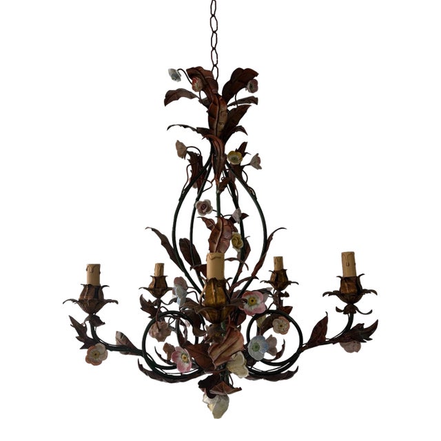 Italian Tole Porcelain Flowers Roses Gilt Metal Big Size C 1900 For Sale