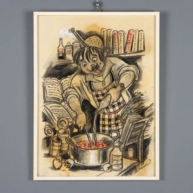 Nicola Benois, Man in the Kitchen, 20th Century, Mixed Media on Paper For Sale - Image 10 of 10