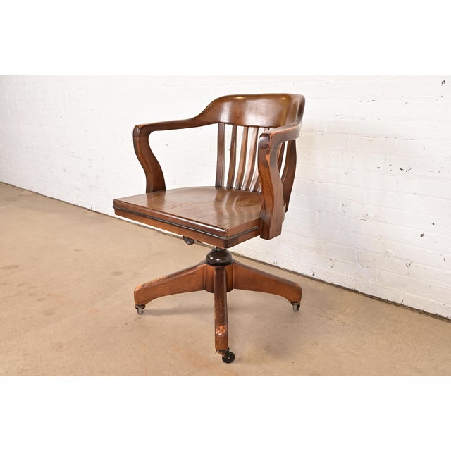Mid-Century Modern Antique Arts & Crafts Solid Walnut Executive Swivel Desk Chair by Boling Chair Company, Circa 1940s For Sale - Image 3 of 12