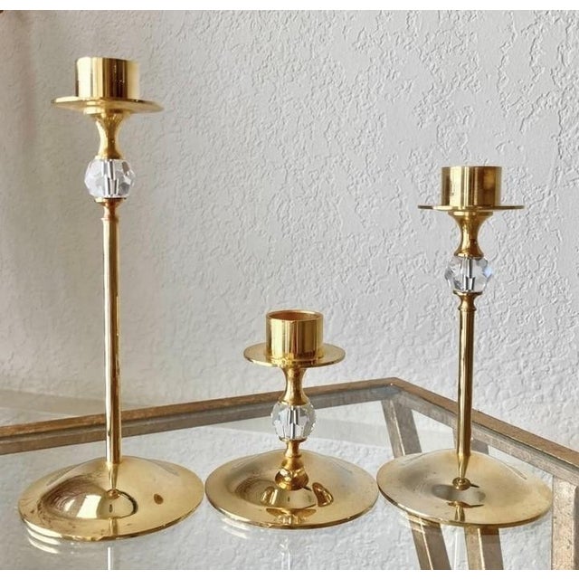 John-Richard Late 20th-Century Hollywood Regency-Style Brass & Crystal Graduated Candlestick Trio, Hong Kong For Sale - Image 4 of 16