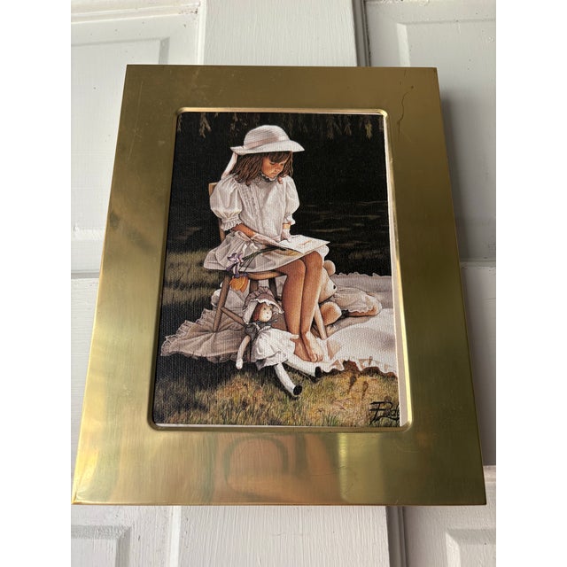 White Vintage 1994 “Afternoon Story Time” Canvas Print Painting Art by Melinda Buyers Framed in Brass VTG Frame For Sale - Image 8 of 10