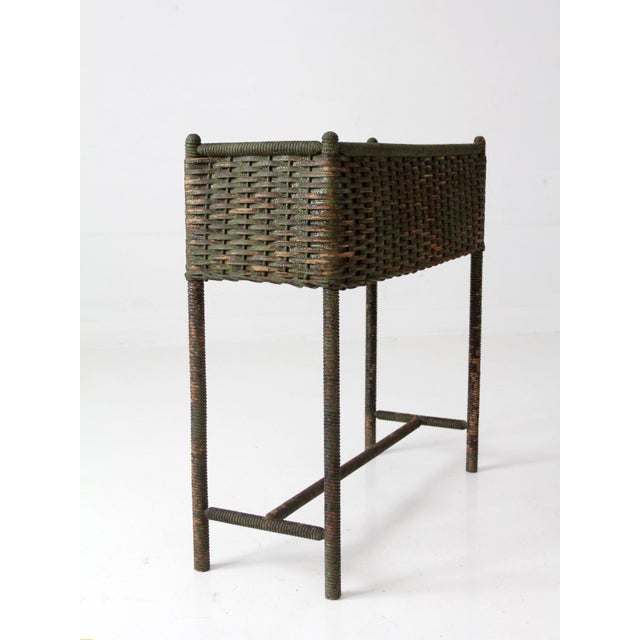 Green Antique Green Painted Wicker Jardinière Planter With Metal Liner For Sale - Image 8 of 17