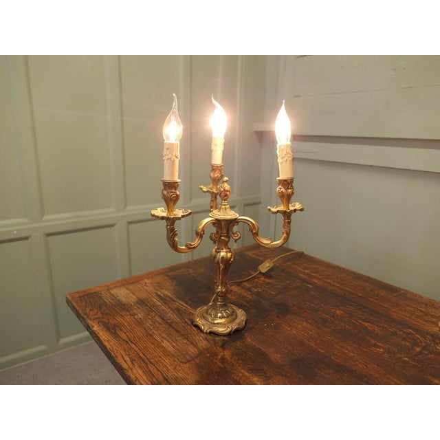 Large Brass Three Branch Table Lamps Candelabra, 1930, Set of 2 For Sale - Image 4 of 9