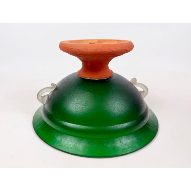 Mid-Century Modern Emerald Green Frosted Glass and Terracota Pedestal Bowl, 1950s, in Very Good conditions. Designed 1950...