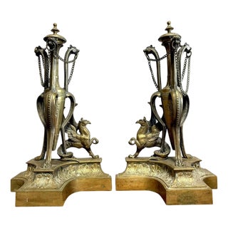 Large Castle Andirons in Gilded Bronze, Set of 2 For Sale