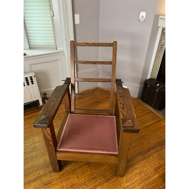 Morris Style Velvet Upholstered Oak Chair With Ladder Back Which Reclines For Sale In New York - Image 6 of 7