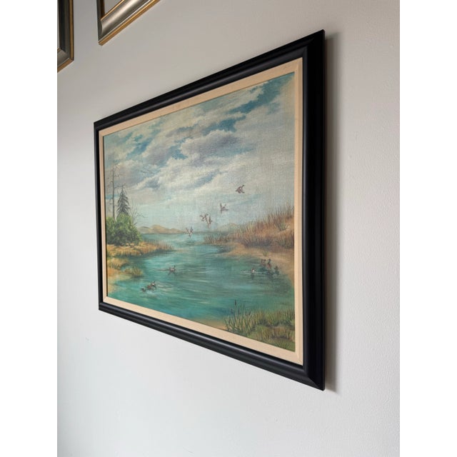 1979 Vintage “Ducks Over Marshland” Landscape Oil Painting by Little, Framed For Sale - Image 4 of 12
