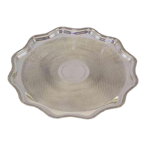 1970’s Vintage/New Silverplate Scalloped Edge Salver, Gadroon Mount, Engine Turned/Guilloché