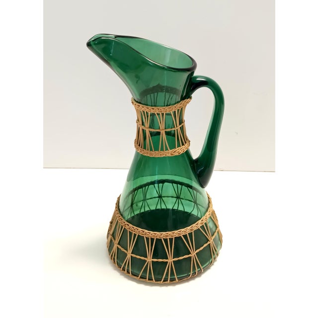 Green Hand Blown Glass and Wicker Jug, Empoli, Italy, 1960s For Sale - Image 4 of 13