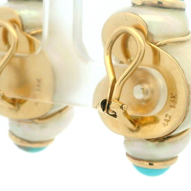 Antique White Vintage Maz Jumbo 14k Gold Shell and Turquoise Cabochon Earrings, A Pair For Sale - Image 8 of 11