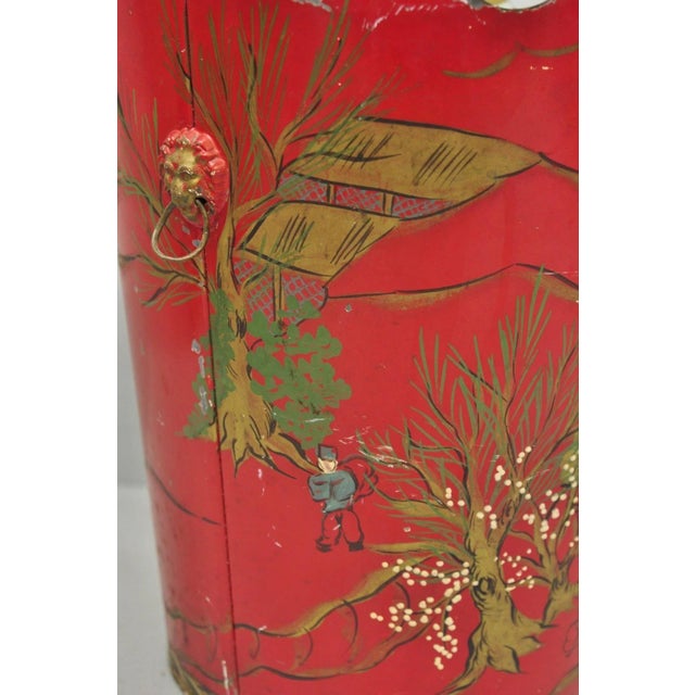 Mid 20th Century Mid 20th Century Italian Chinoiserie Hand Painted Oriental Red Tole Metal Wastebasket Trashcan For Sale - Image 5 of 18