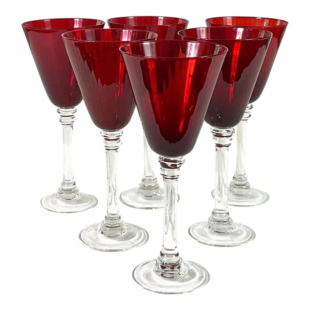 Vintage Large Hand Blown Water/Wine Goblets Ruby Red Bowl & Clear Stems- Set of 6 For Sale