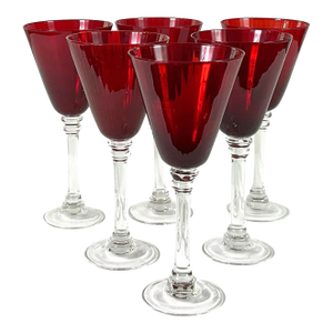 Vintage Large Hand Blown Water/Wine Goblets Ruby Red Bowl & Clear Stems- Set of 6