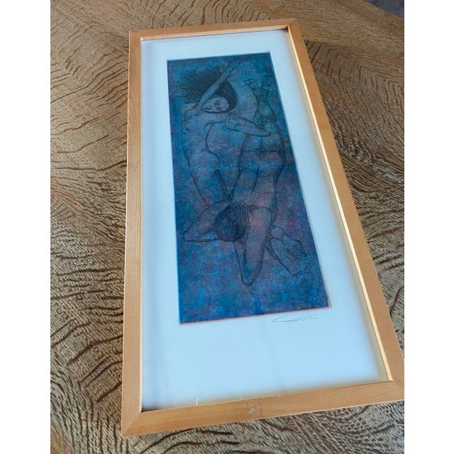 Contemporary Ethereal Swimming Figures Etching in Blonde Hardwood Frame For Sale - Image 3 of 8