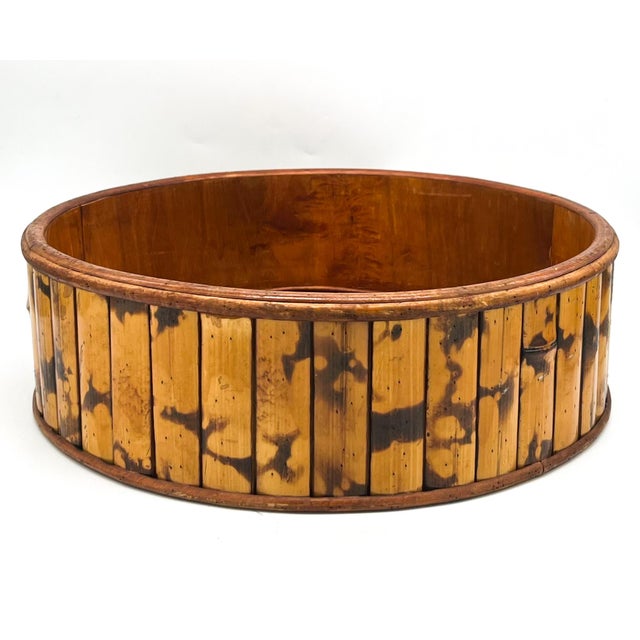 Vintage Burnt Bamboo Basket With Woven Rattan Base – Boho / Organic Modern / Tropical For Sale In Houston - Image 6 of 12