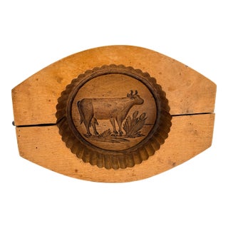 Antique Swiss Folk Art Carved Wooden Butter Mold With Cow Motif For Sale