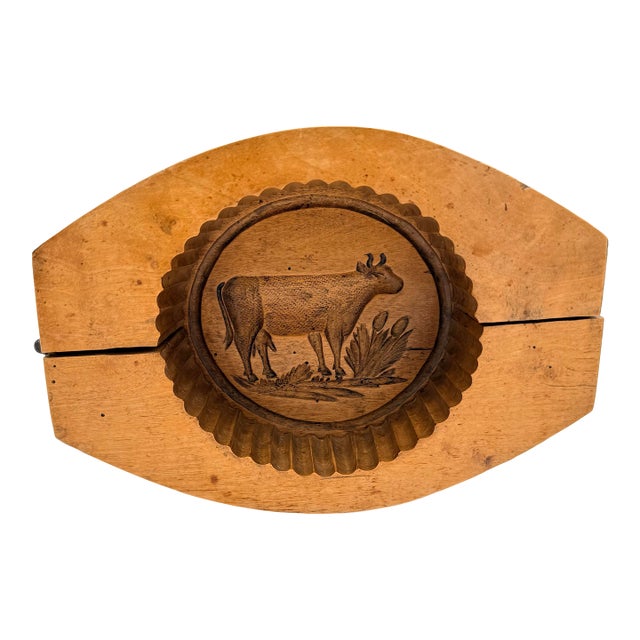 Antique Swiss Folk Art Carved Wooden Butter Mold With Cow Motif For Sale