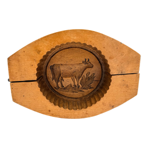 Antique Swiss Folk Art Carved Wooden Butter Mold With Cow Motif