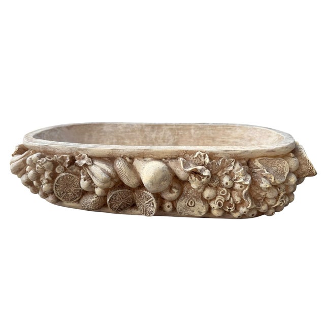 Late 20th Century Large Fruit Relief Centerpiece Bowl, Distressed Faux-Carved Composite For Sale - Image 5 of 7