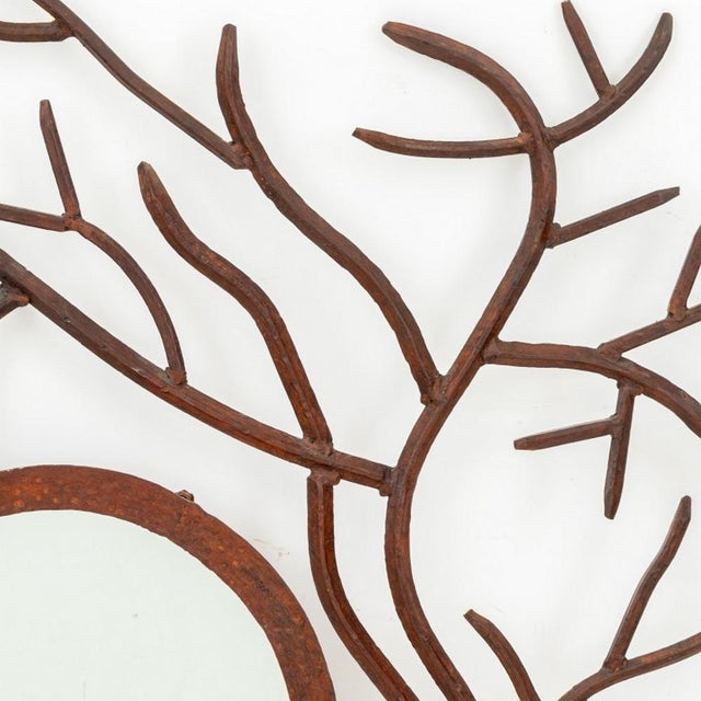 Herve Van Der Straeten Style Wrought Iron Branch Mirror, circular mirror plate within overlapping branches. 53" H x 59" W.