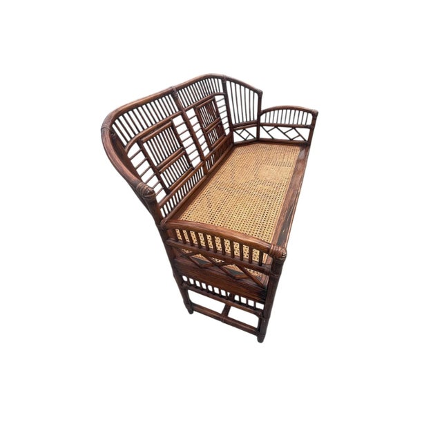 Chinoiserie Vintage Brighton Pavilion Bench in Cane Bamboo Rattan Chinoiserie Style For Sale - Image 3 of 4