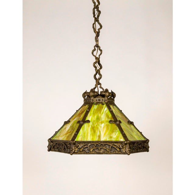 Early 20th Century Cast Bronze & Green Amber Slag Glass Hex Paneled Pendant Light For Sale - Image 13 of 13