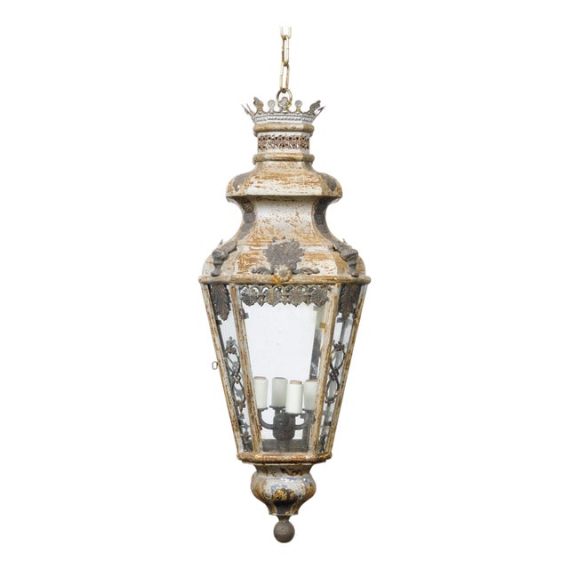 19th Century Italian Tôle Four-Light Lantern with Palmette Motifs, USA Wired For Sale