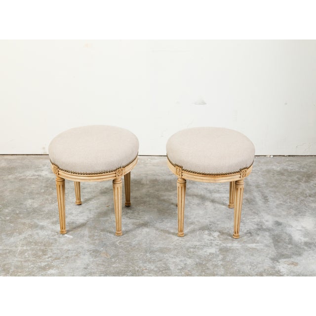 Early 20th Century Pair of French Neoclassical Style Bleached Wood Stools with New Upholstery For Sale - Image 5 of 10