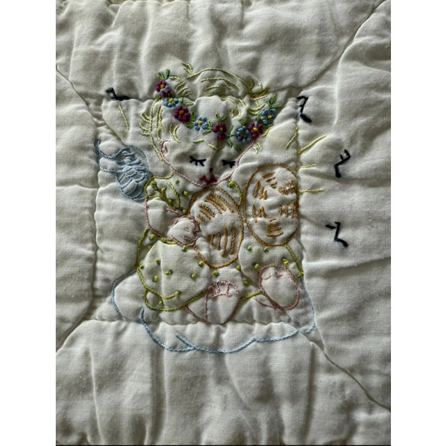 1950s Handmade 1950s Embroidered Vintage Quilt Yellow 60” X 38” For Sale - Image 5 of 12