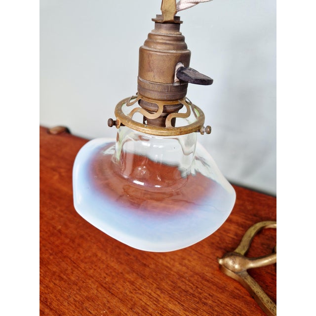 Art Nouveau Table Lamp in Bronze and Brass with Opalescent Glass Shade, France, 1900s For Sale - Image 12 of 14