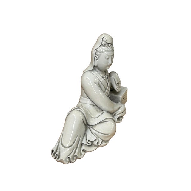 Chinese Vintage Finish Off White Porcelain Reclining Kwan Yin , Bodhisattva Statue For Sale - Image 11 of 13