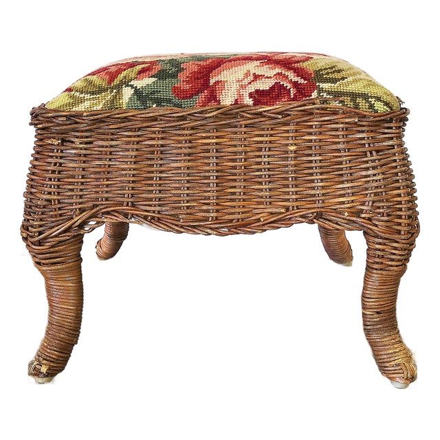 Wicker & Rose Needlepoint Footstool For Sale