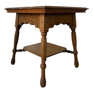 Antique French Farmhouse Turned Oak Wood Accent Table With Lower Shelf For Sale