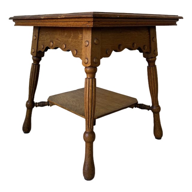 Antique French Farmhouse Turned Oak Wood Accent Table With Lower Shelf/ Sold For Sale