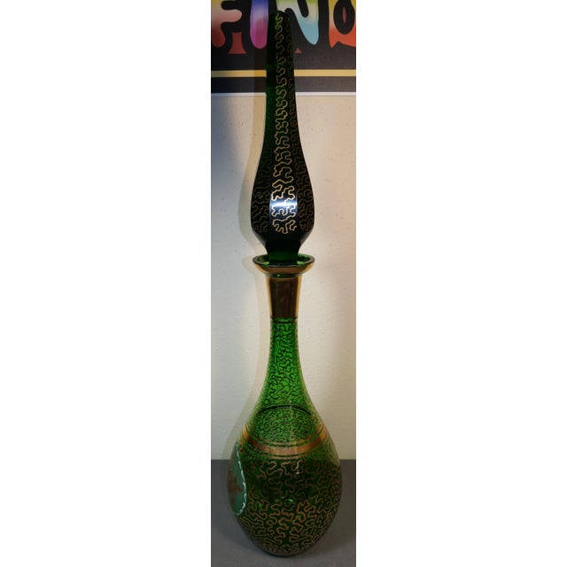 Up for sale is a Vintage Mid 20th Century Bohemian Emerald Green Glass Wurmlinien Decorated Roses Floral Motif Decanter...
