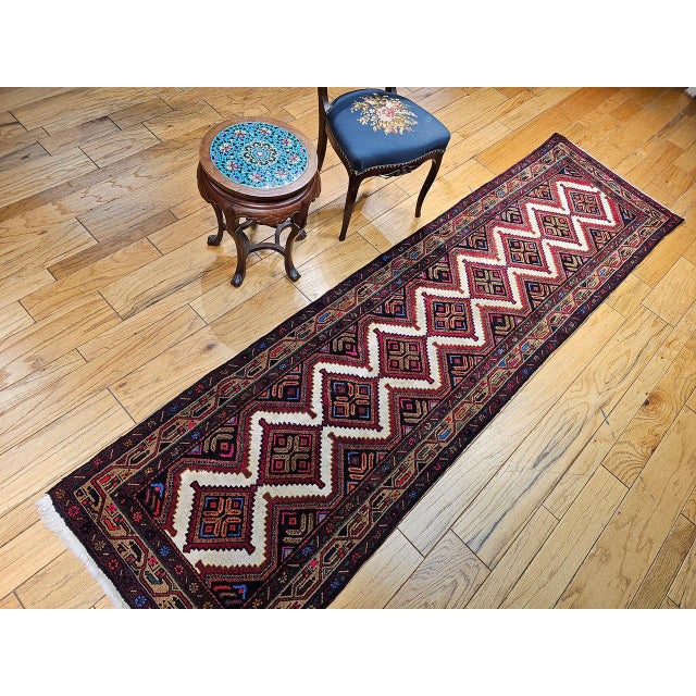 Persian Vintage Persian Malayer Runner Rug, Hand-Knotted Wool, Geometric Pattern, 3x10, Ivory & Red For Sale - Image 3 of 15